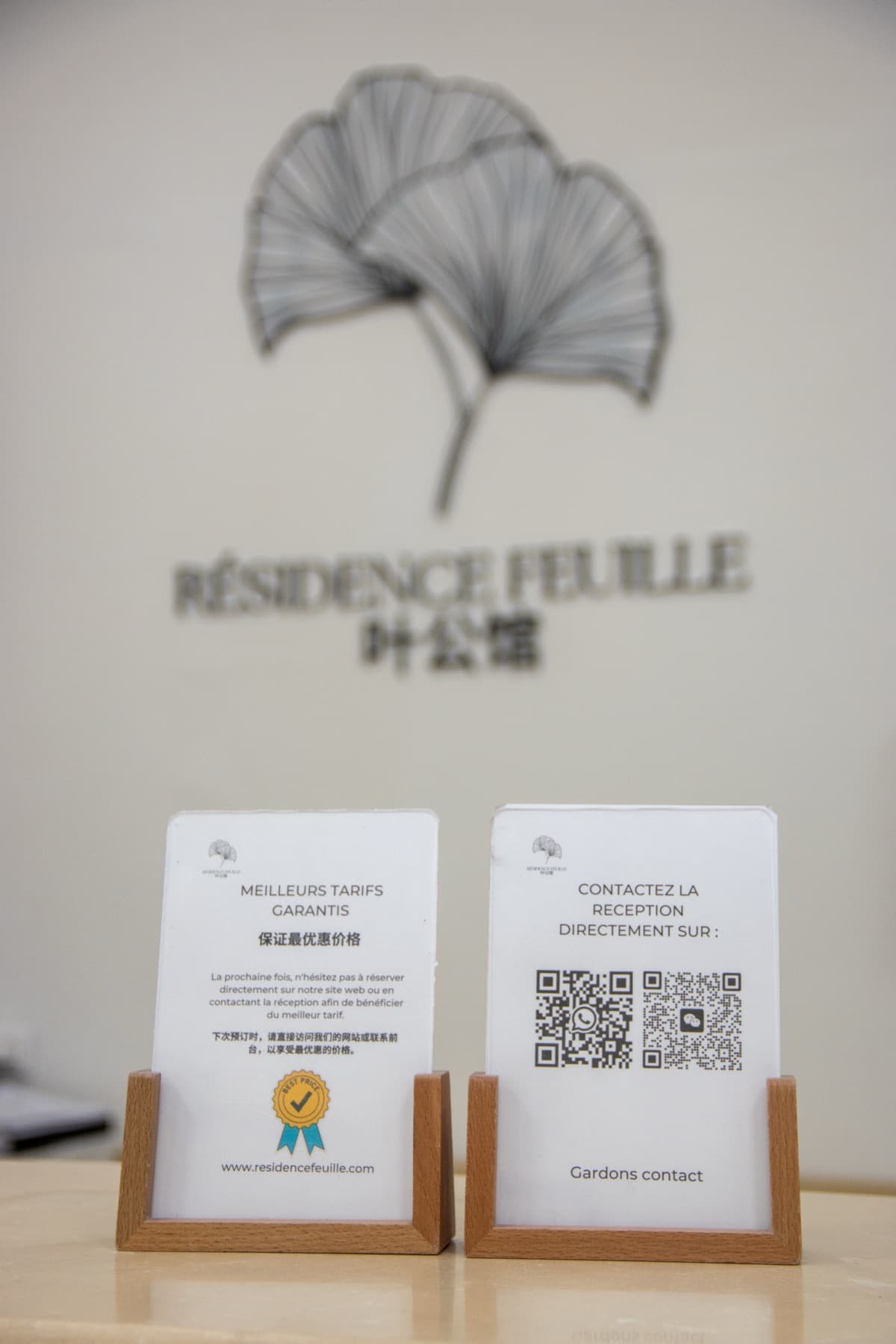Détail de l'accueil de la Résidence Feuille avec le logo ginkgo
